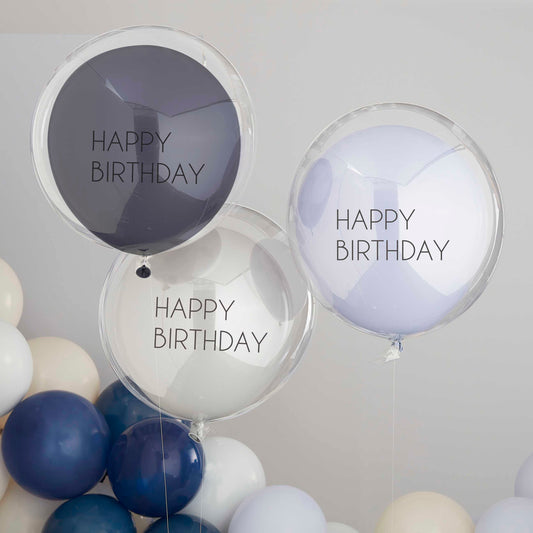 Blauw en grijze happy birthday dubbele lagen ballonnenset